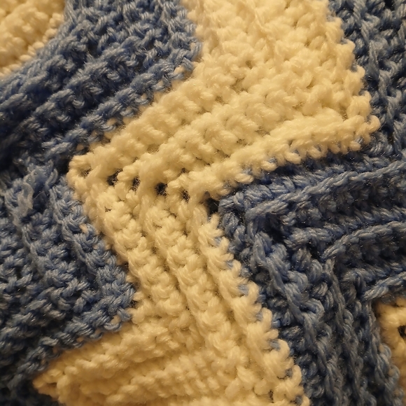 Hand Crochet Blue and White Chevron Knit Shawl With Buttons - Picture 5 of 8